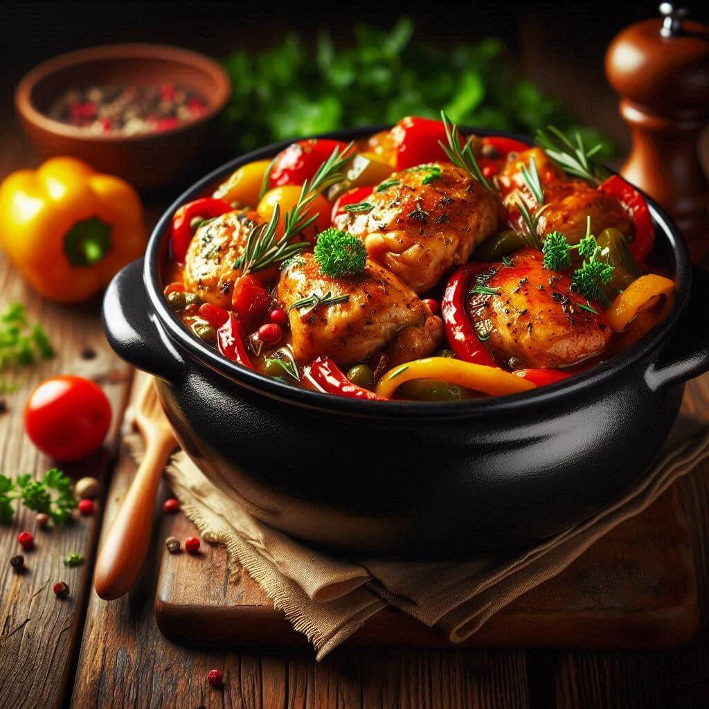 chicken caccitore in a black bowl