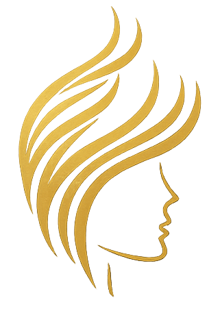Line drawing of women's head and hair in gold